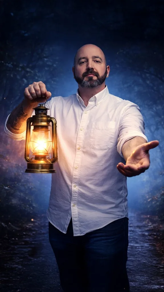 Brad Johnson holding a lantern in a misty forest at twilight