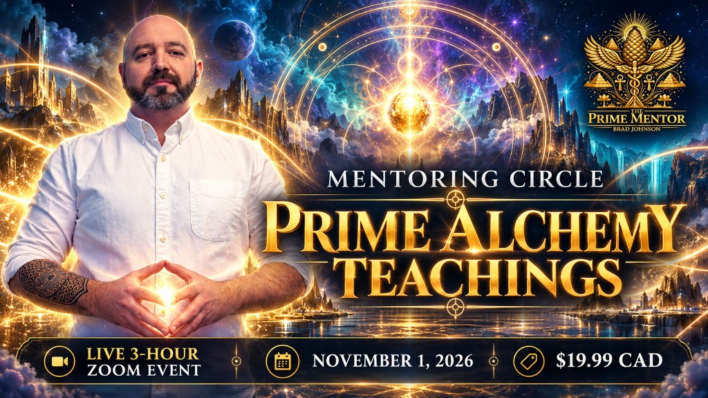 Mentoring Circle: Prime Alchemy Teachings poster with Brad Johnson for a live three-hour Zoom event on November 1, 2026.