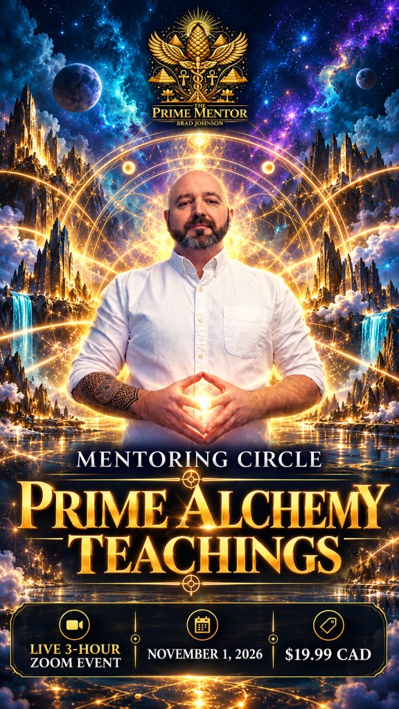 Mentoring Circle: Prime Alchemy Teachings poster with Brad Johnson for a live three-hour Zoom event on November 1, 2026.